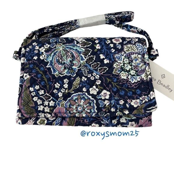 Vera Bradley Navy Versailles Mini Flap Basic Crossbody Polka Dot Interior - Picture 2 of 9
